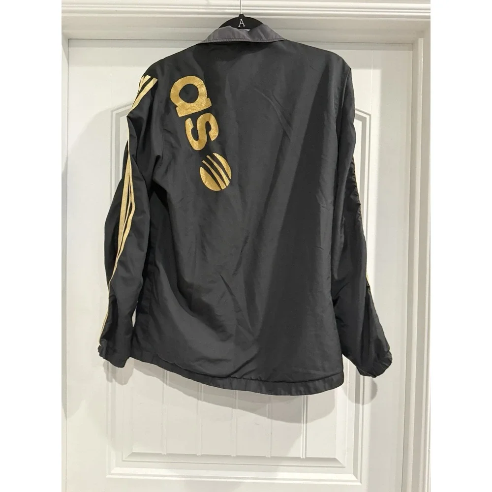 Adidas NEO Label Windbreaker Jacket Mens L Black Gold Big Logo Spellout Vintage